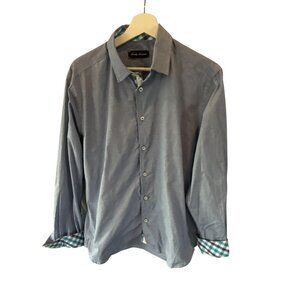 Lucky Luciano Blue Microcheck Shirt Men's M Plaid Cuff Casual Button Down